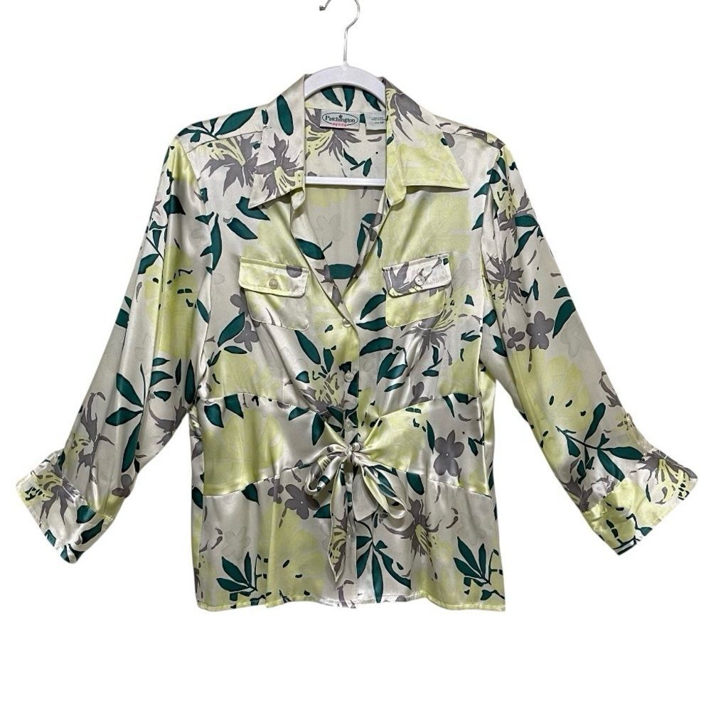 Patchington 100% Silk Floral Button Front Blouse Tie Front Lightweight Size MP